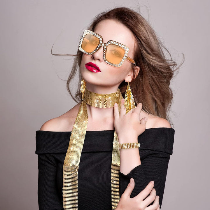 5 Pcs 70S Disco Accessories Women Costume Jewelry Disco Earrings Sequin Scarf Sunglasses Diamond Bracelet Headband