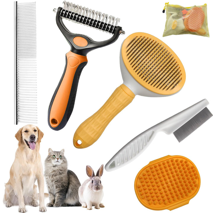 Dog Grooming Brush Kit,6 in One Pet Self Cleaning Kit with Organizer Bag - Dog Cat Grooming Slicker Deshedding Undercoat Rake Brush Comb for All Small Large Dogs Cats Orange