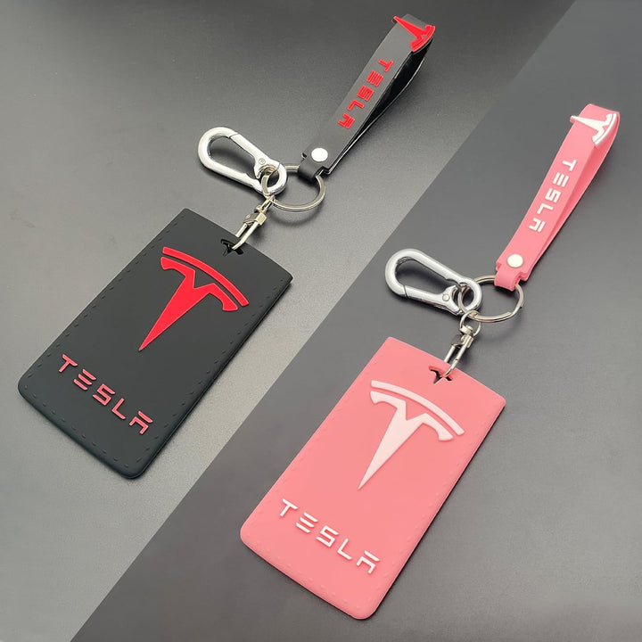 Silicone Tesla Key Card Holder for Model Y and Model 3, Key Protector Case Cover Accessories Including Hand Strap, Black and Pink