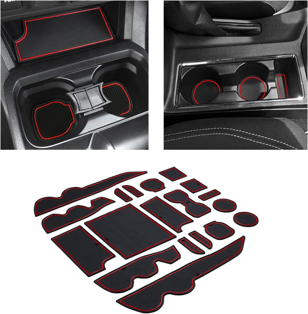 Premium Custom Liner Mat Accessories Compatible with Toyota Tacoma 2016 2017 2018 2019 2020 2021 2022 2023, Cup Holder, Door Pocket and Center Console Inserts 19 Pcs (Double Cab, Red Trim)