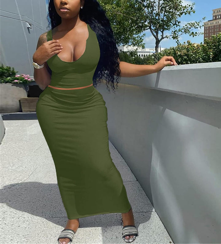 Womens Sexy Summer Scoop Neck Ribbed 2 Piece Outfits Dress Crop