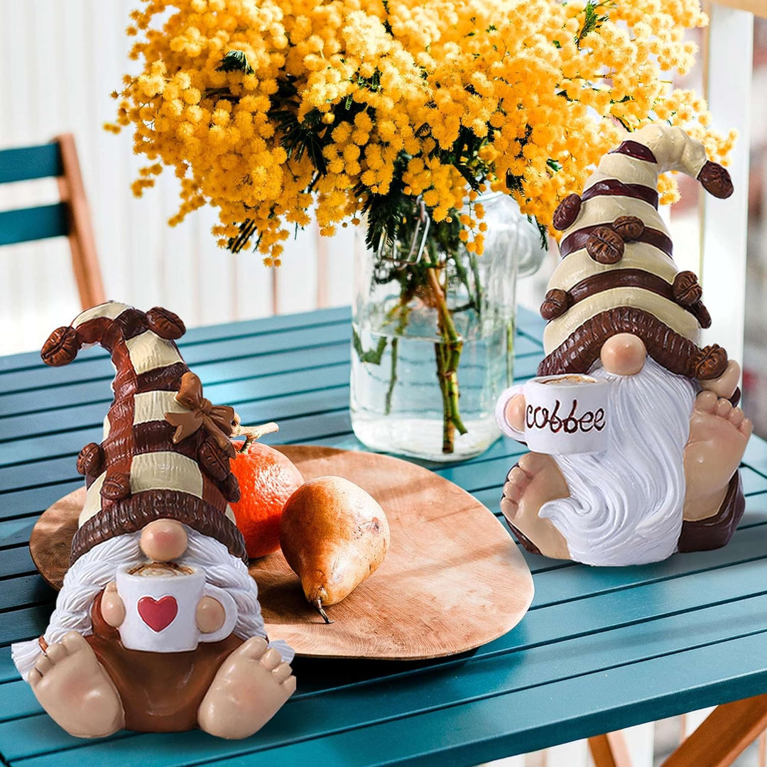 5.9'H Drinking Coffee Gnomes Statue Decoration 2PCS Couple Coffee Bar Accessories Decor Elfs Figurine Cute Resin Housewarming Gifts for Women Indoor Outdoor Home Ornament,Sit