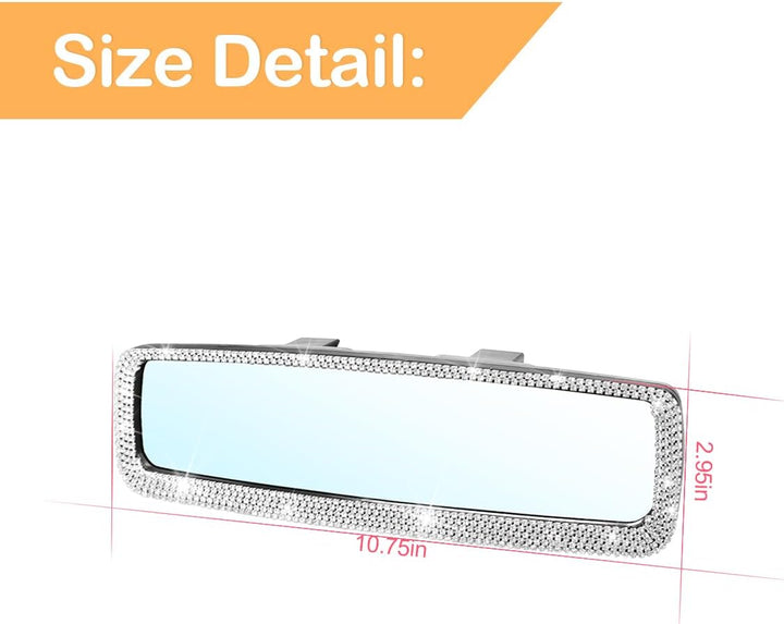 Bling Car Rearview Mirror, Decorations Rear View Mirror with Crystal Rhinestones & Diamonds, Car Interior Trim Accessories, Clip-On & HD Glass, Sparkly Gift for Mother Women Girls (Silver)
