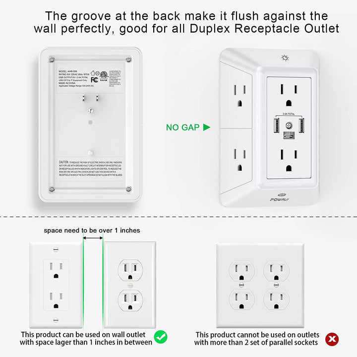 Multi Plug Outlet Surge Protector -  6 Outlet Extender with 3 USB Ports (1 USB C) and Night Light, 3-Sided Power Strip with Adapter Spaced Outlets - White，Etl Listed